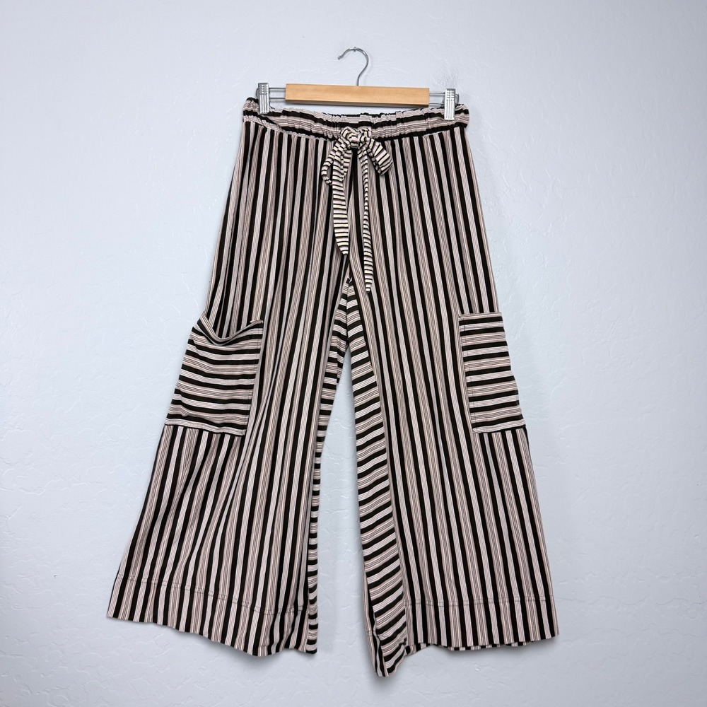 Free People Beach Striped Wide Leg Cargo Cropped Pants Brown Tan XS